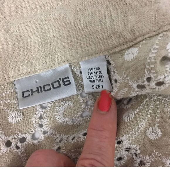Chico’s Linen Beige Eyelet Open Jacket Size Medium 8 - Picture 7 of 12